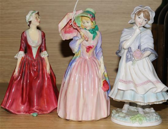 Two Royal Doulton figures Miss Demure and Gwynneth and a Royal Worcester figure